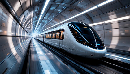 High-speed futuristic train traveling through modern illuminated tunnel with dynamic motion
