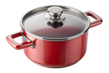 A red stainless steel cooking pot with a glass lid isolated on transparent background, a modern kitchen cookware for food preparation
