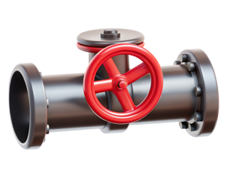 Industrial valve with red wheel and pipe isolated on a transparent background pipeline
