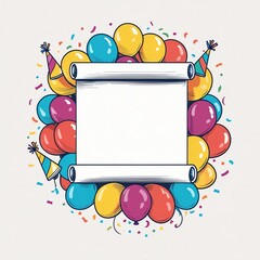 festive birthday card frame with blank scroll surrounded by colorful balloons, party hats, and confetti for celebration background