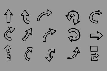 Collection of hand drawn arrows in various styles and directions illustrating movement and guidance on a simple gray background
