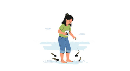 Young Woman Feeding Tadpoles In A Pond On A Sunny Day Illustration