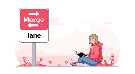 Young Woman Reading Novel Near Merge Lane Roadsign In Nature