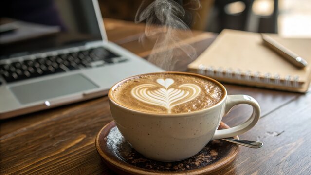 Steaming cup of coffee with latte art next to a laptop and notebook on a wooden table