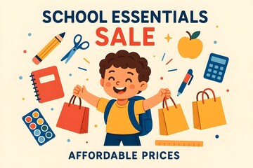 Happy boy with backpack holding shopping bags among school supplies. Back-to-school sale banner with affordable prices in bright flat cartoon style on a light background.