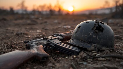 AK-47 and helmet at sunset on the battlefield
