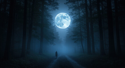 Mysterious figure walks towards bright full moon through dark foggy forest path at night