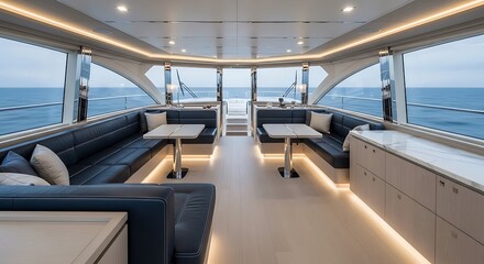 A luxurious yacht interior with ocean views
