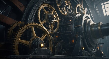 Fototapeta premium Closeup of intricate steampunk gears and machinery in a workshop