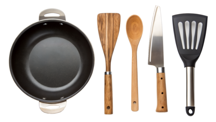 Various kitchen utensils including frying pan, wooden spoon, knife and spatula isolated on transparent background