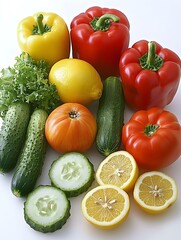 Photo of Vibrant Assortment of Fresh Fruits and Vegetables Including Apples, Cucumbers, Tomatoes, and Peppers