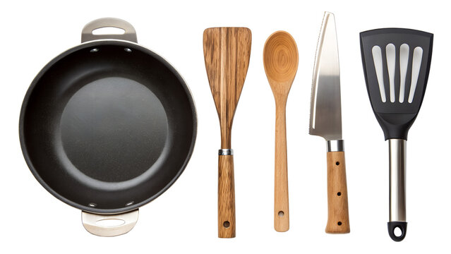 Various kitchen utensils including frying pan, wooden spoon, knife and spatula isolated on transparent background - Powered by Adobe