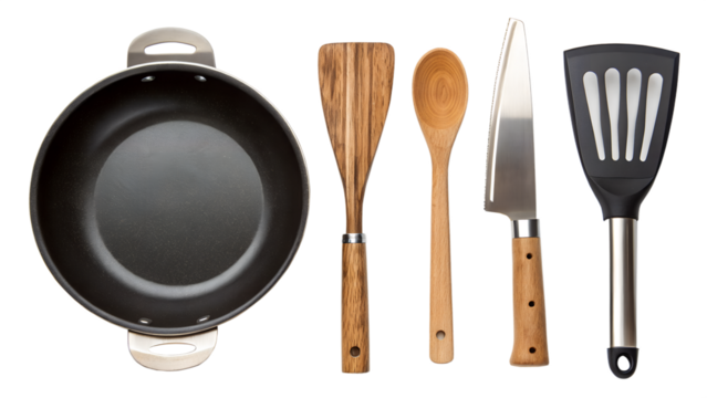 Various kitchen utensils including frying pan, wooden spoon, knife and spatula isolated on transparent background - Powered by Adobe