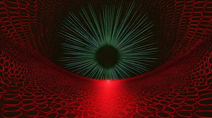 Abstract digital art featuring a glowing green circular pattern with a red light beam