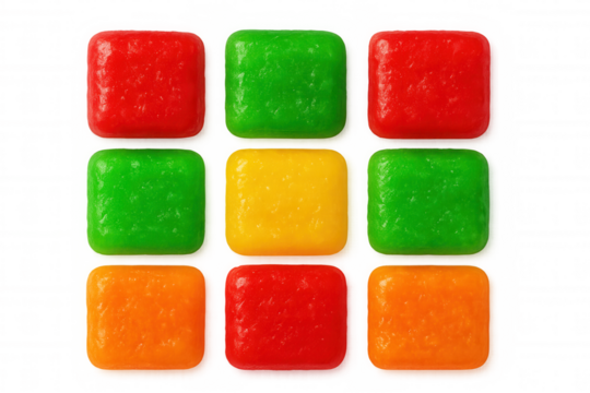 Colorful fruit candies aligned symmetrically on clear surface, displaying sweet geometric arrangement