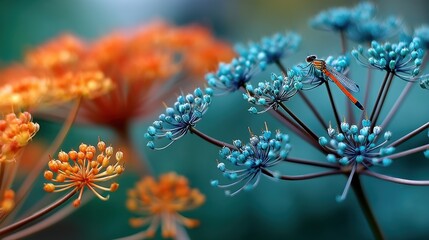 Blue flowers and dragonfly macro, vibrant surreal contrast.