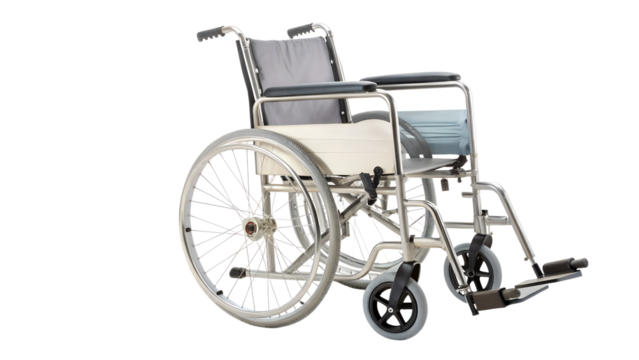 Wheelchair for disabled or invalid person isolated on transparent background, medical equipment for hospital and health care