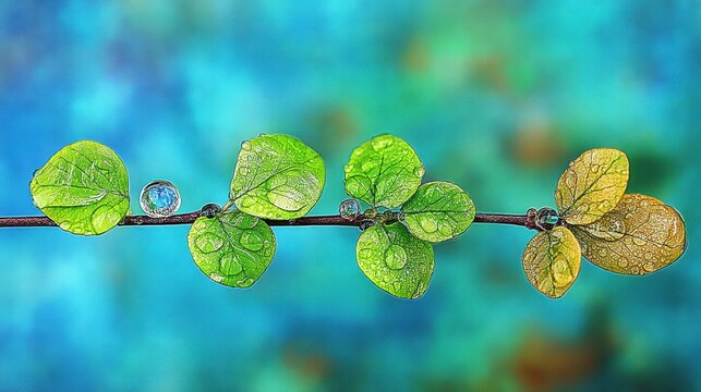 Intimate Macro of Dew-Kissed Leaves Against a Dreamy Blue Backdrop