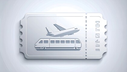A metallic ticket design displays an airplane and a train, suggesting a multimodal transportation option.