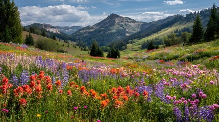 Vibrant wildflower meadow blooms under majestic mountain peaks on a sunny day