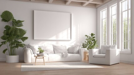 Fototapeta premium Bright Modern Living Room with White Sofa and Large Windows