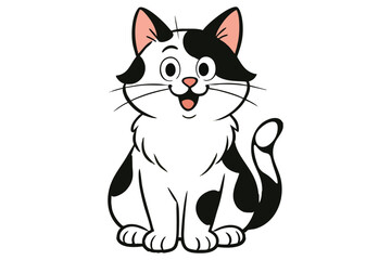 Charming black and white cartoon cat illustration featuring a happy kitten. Ideal for pet-themed products, kids' storybooks, stickers, t-shirts, and digital projects. Fully editable vector format.