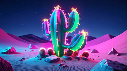 Vibrant neon glowing cactus in a surreal desert landscape at night image