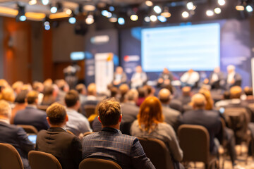 Round table discussion at business convention and Prsentation. Audience at theconference hall. Business nd entrepreneurship symposum.