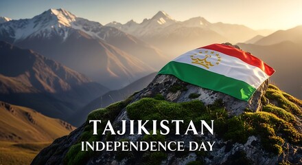 Tajikistan Independence Day Celebration with National Flag Against Mountain Backdrop