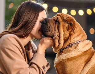 Woman kissing a Shar Pei dog outdoors