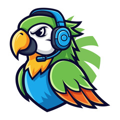 Digital Parrot Gamer Mascot: A vibrantly illustrated parrot, geared up with a headset, embodies the energy of the digital realm, a perfect icon for gamers. 