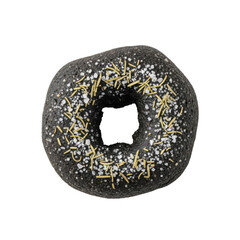 Irregular charcoal-grey artisanal donut, matte savory crust, sea salt, rosemary, isolated on bright white background with copy space, soft lighting, culinary art piece concept