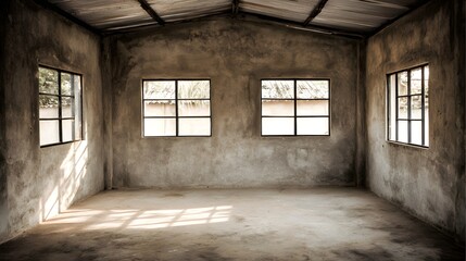 Obraz premium An empty room with muted tones and natural light filtering through windows, showcasing a construction site or abandoned building.