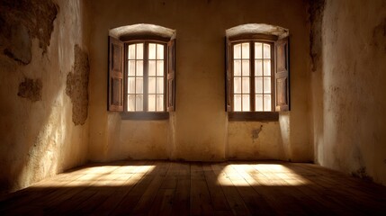 Fototapeta premium A sunlit interior room with aged walls and two arched windows, showcasing warm hues and a sense of tranquility.