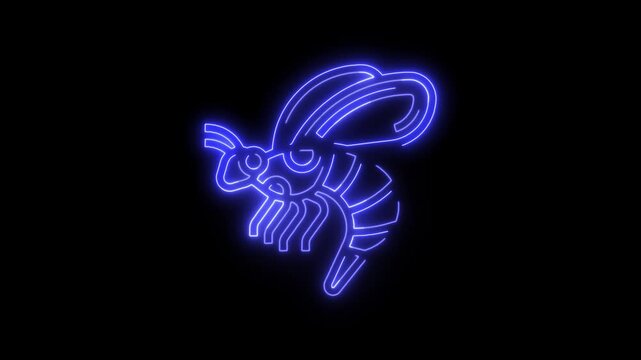 A neon sign in the shape of a bee. Design: It's a stylized depiction of a bee, illuminated by bright blue neon lights. 