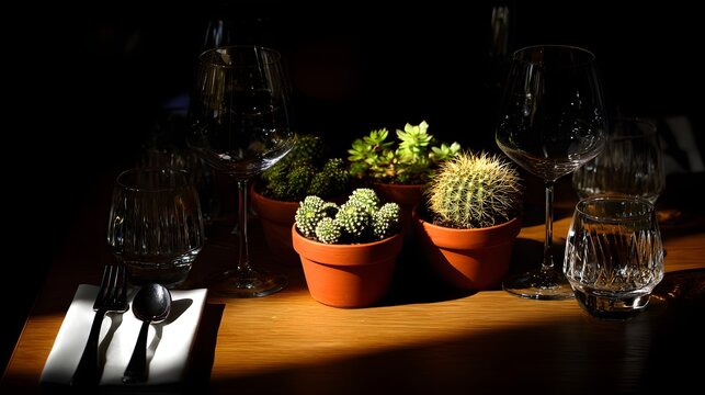 A restaurant table setting featuring small potted cacti and elegant glassware, bathed in warm sunlight.