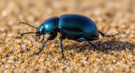 Blue beetle on sand in macro detailed closeup