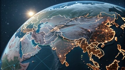 View of earth from space showing asia and middle east with illuminated cities at night