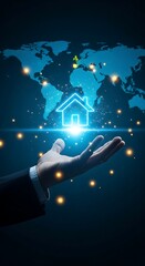 Hand Holding House Icon With World Map Overlay Concept For Real Estate And Global Reach