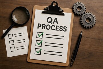 QA process on a wooden surface with magnifying glass. 