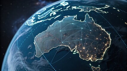 Planet earth at night with australia illuminated by city lights and network lines