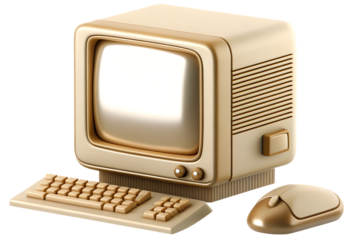 Vintage beige computer monitor keyboard and mouse isolated on a transparent background 2