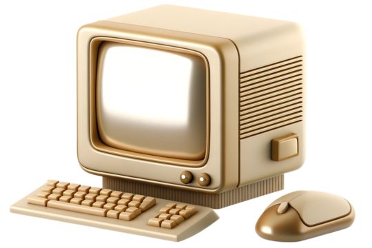 Vintage beige computer monitor keyboard and mouse isolated on a transparent background 2