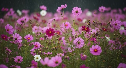 Fototapeta premium Field of Pink Cosmos Flowers in Bloom.