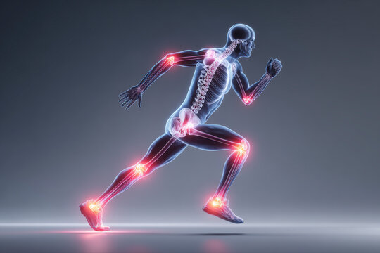 Anatomical illustration of a running person with joints highlighted in red showing potential injury areas.
