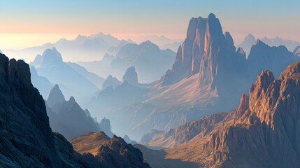 Fototapeta premium A breathtaking vista of towering peaks and layered mountain ranges, bathed in the soft hues of a serene sunrise or sunset.