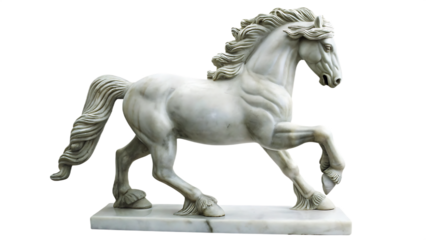 White marble horse statue with flowing mane and tail isolated on a transparent background 1