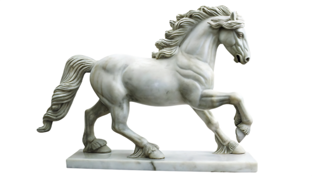 White marble horse statue with flowing mane and tail isolated on a transparent background 1
