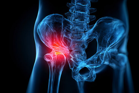 Hip pain illustration: 3D render of skeletal structure highlighting areas affected by discomfort and inflammation.