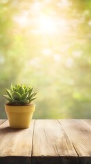 Fototapeta premium Succulent Plant in Yellow Pot on Wooden Table with Sunny Bokeh Background